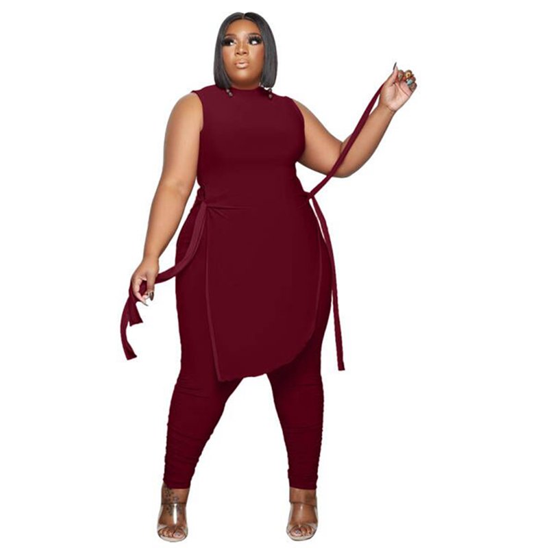 2022 Summer New Arrivals Side Split Sleeveless T Shirt And Stacked Pants Plus Size Women's Sets