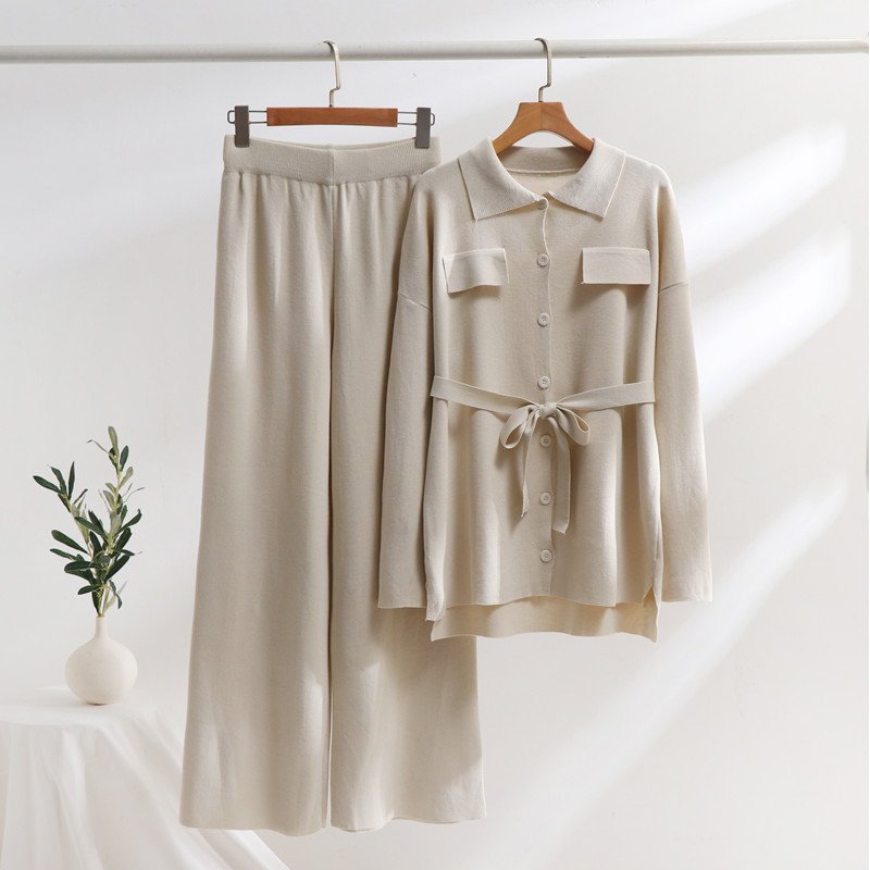 Boutique Wholesale 2024 Autumn New Fashionable Loose Long Sleeved Pullover Sweater High Waist Wide Leg Pants Women's Set
