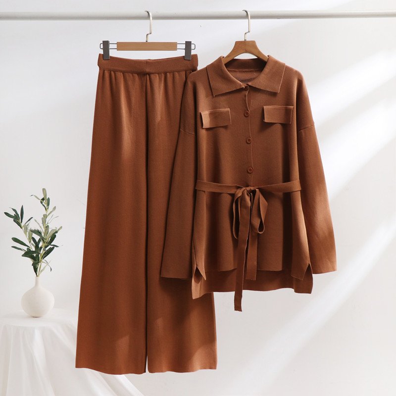 Boutique Wholesale 2024 Autumn New Fashionable Loose Long Sleeved Pullover Sweater High Waist Wide Leg Pants Women's Set
