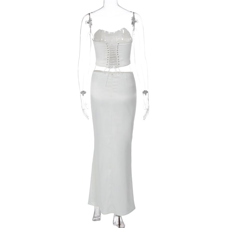 Lygens 381 Solid High Waist Solid Bandage Corset Crop Top Midi Skirt Elegant Women'S Sets 2023 Summer Evening Party Club Clothes