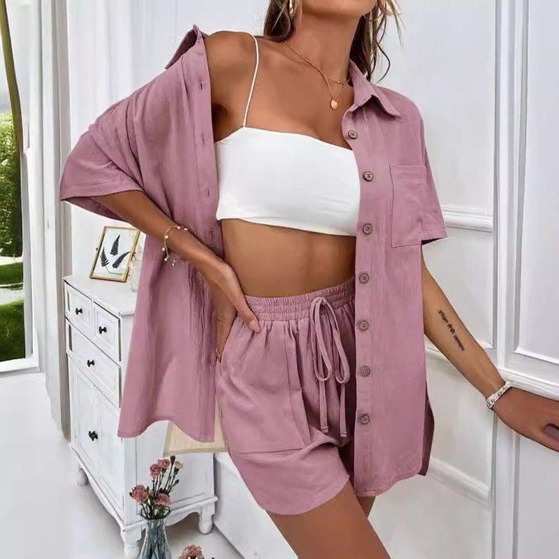 Women's Set Wear Women's Set Fashion Women's Short Sleeved Shirt And Shorts Set Solid Color Loose Casual Lounge Wear