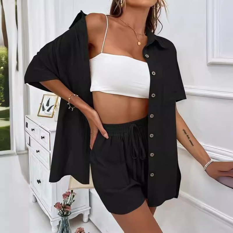 Women's Set Wear Women's Set Fashion Women's Short Sleeved Shirt And Shorts Set Solid Color Loose Casual Lounge Wear