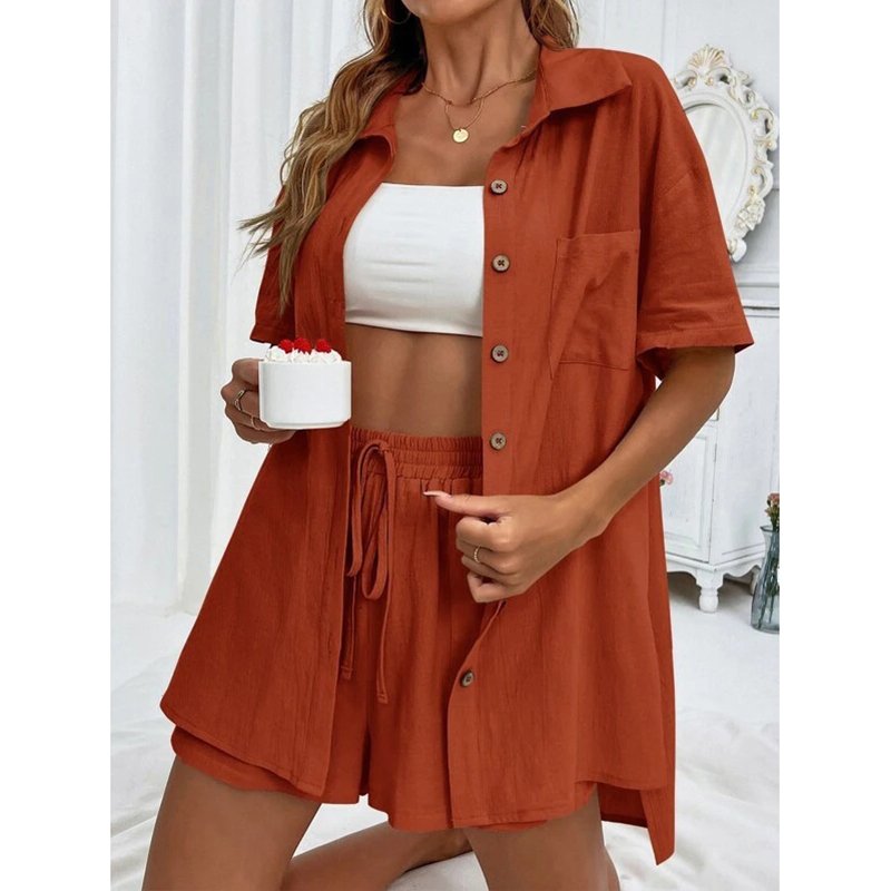 Women's Set Wear Women's Set Fashion Women's Short Sleeved Shirt And Shorts Set Solid Color Loose Casual Lounge Wear