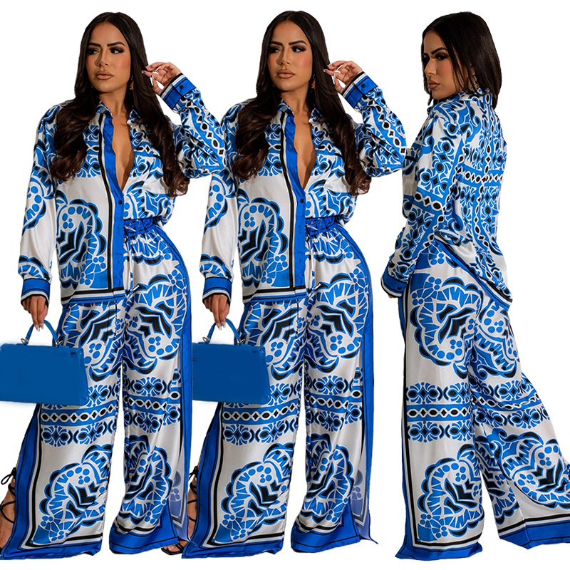 Fall Women's Elegant Street Wear Fashion Personality Printing Loose Shirt and Pant Matching Suit Women 2 Piece Set