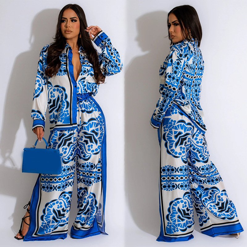 Fall Women's Elegant Street Wear Fashion Personality Printing Loose Shirt and Pant Matching Suit Women 2 Piece Set