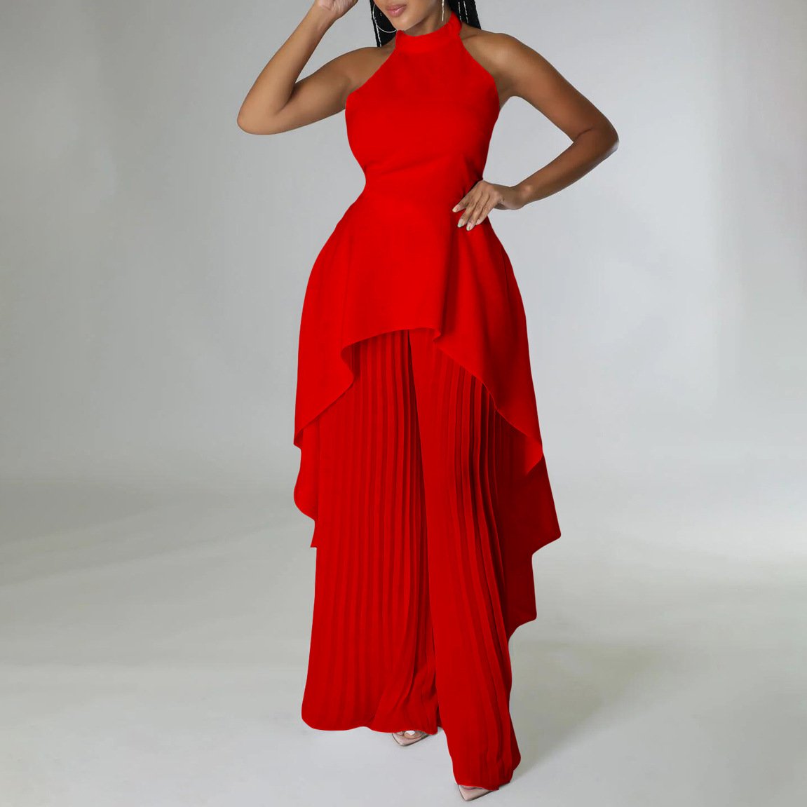 Sexy Two Piece Set Women Halter Sleeveless Open Back Top High Waist Pleated Maxi Wide Leg Pants Women's Suit Summer New