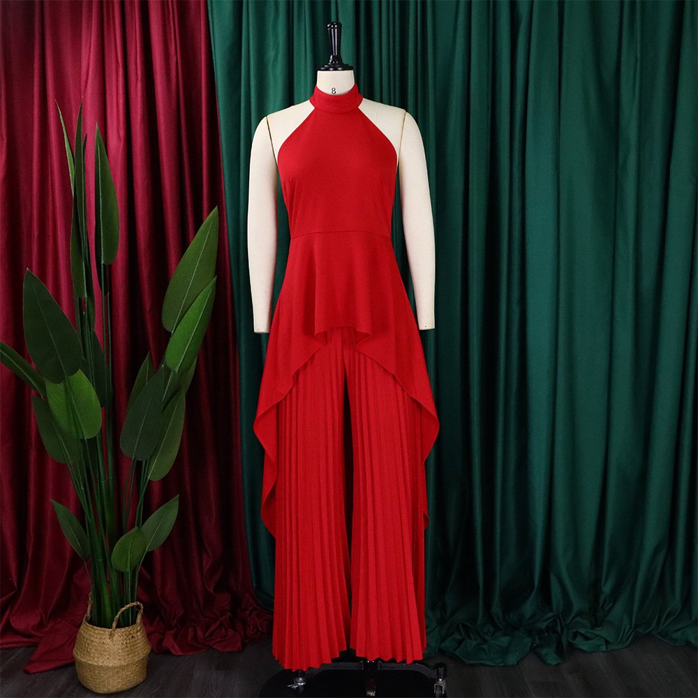 Sexy Two Piece Set Women Halter Sleeveless Open Back Top High Waist Pleated Maxi Wide Leg Pants Women's Suit Summer New