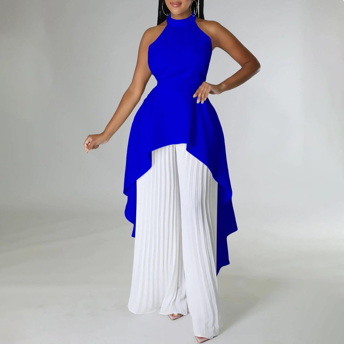 Sexy Two Piece Set Women Halter Sleeveless Open Back Top High Waist Pleated Maxi Wide Leg Pants Women's Suit Summer New