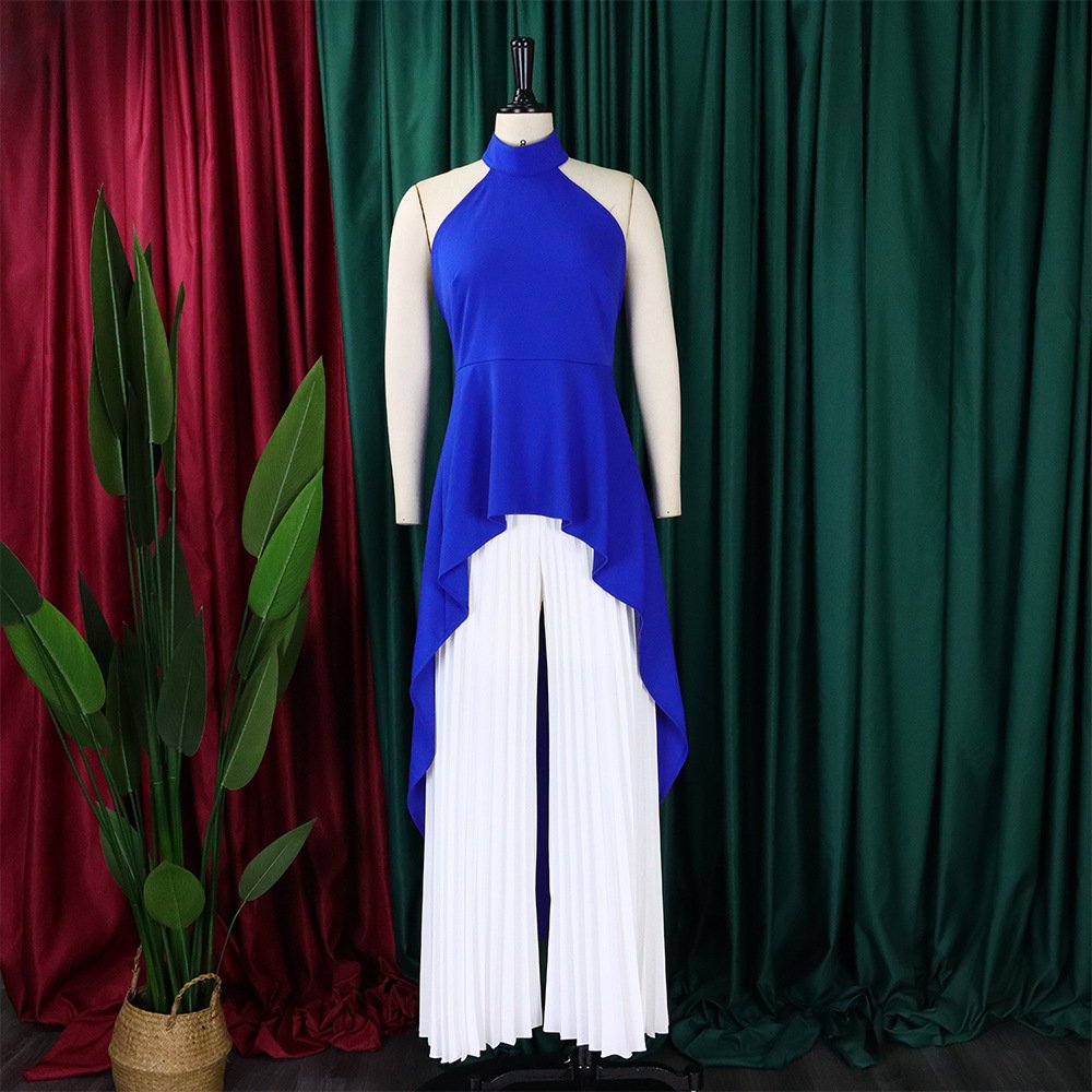 Sexy Two Piece Set Women Halter Sleeveless Open Back Top High Waist Pleated Maxi Wide Leg Pants Women's Suit Summer New