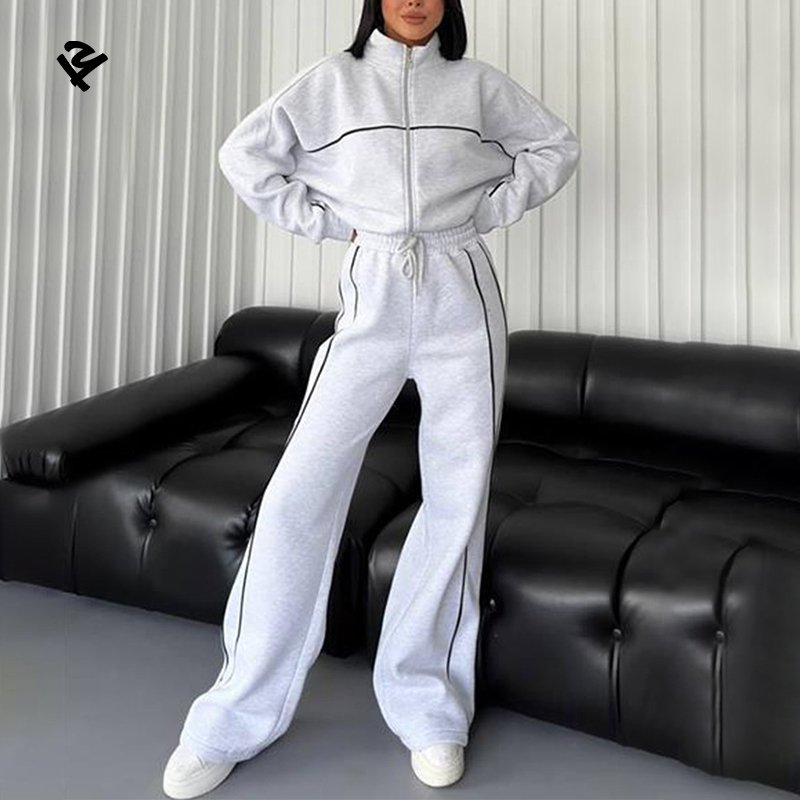 F240409 Custom Women Cropped Zip Up Sweatshirt Pants Two Pieces Set Tracksuit For Women Drop Shoulder Sweatsuit Set With Strip