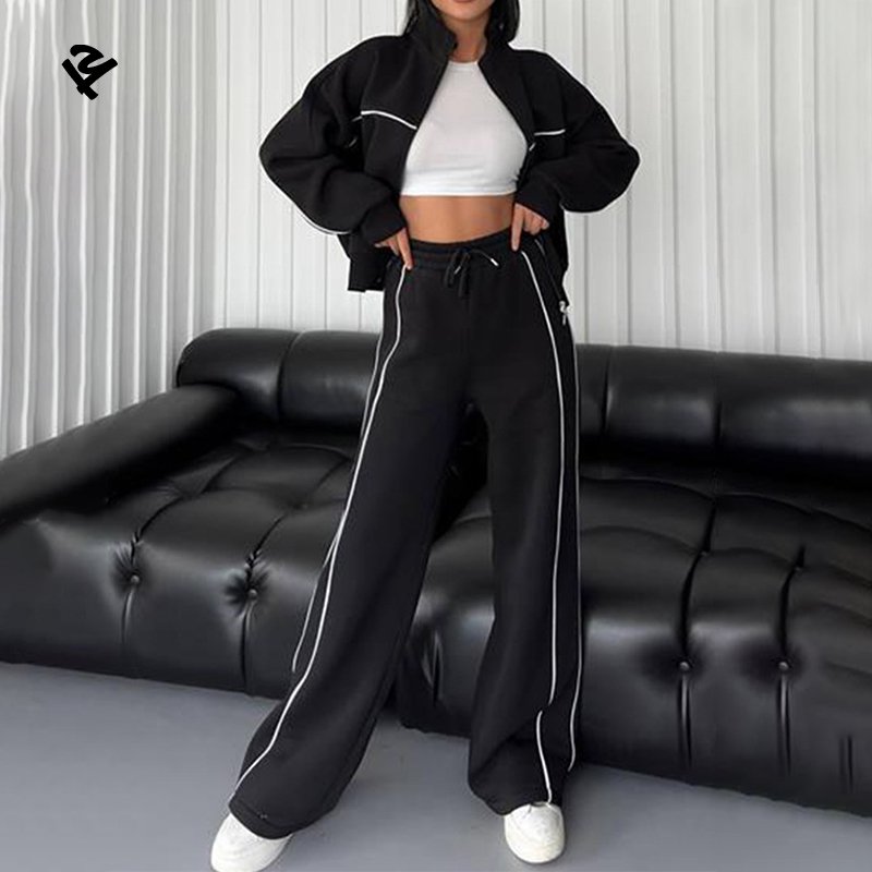 F240409 Custom Women Cropped Zip Up Sweatshirt Pants Two Pieces Set Tracksuit For Women Drop Shoulder Sweatsuit Set With Strip
