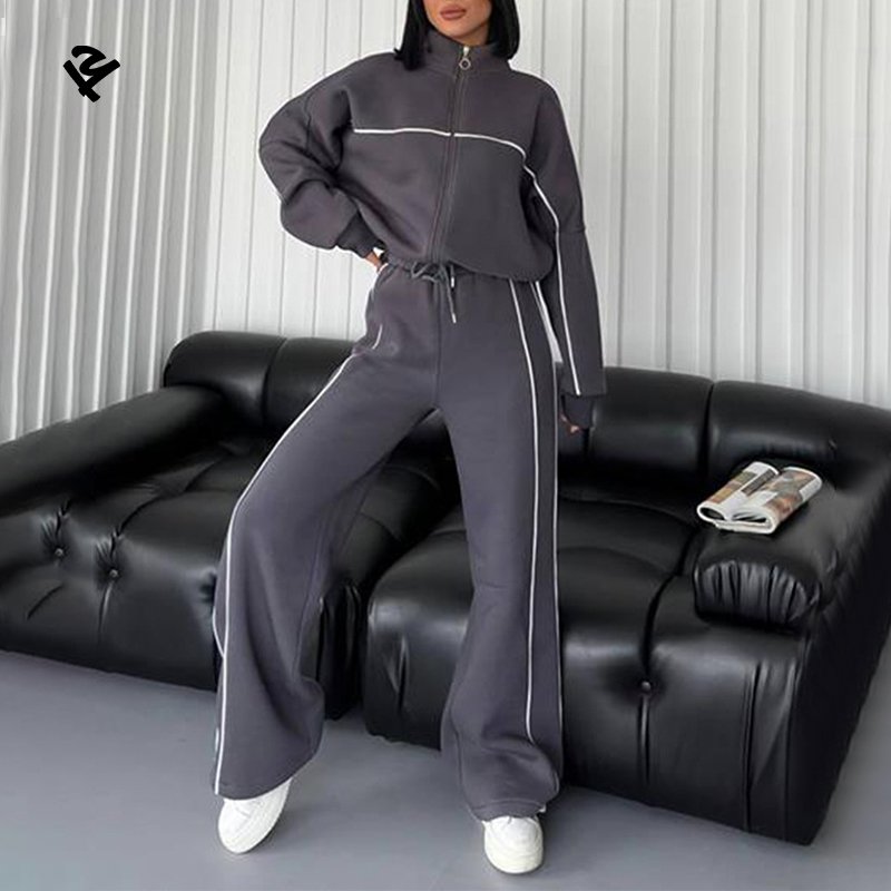 F240409 Custom Women Cropped Zip Up Sweatshirt Pants Two Pieces Set Tracksuit For Women Drop Shoulder Sweatsuit Set With Strip