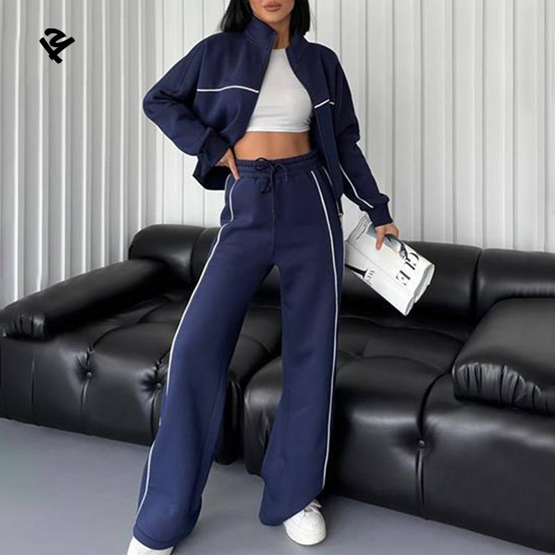 F240409 Custom Women Cropped Zip Up Sweatshirt Pants Two Pieces Set Tracksuit For Women Drop Shoulder Sweatsuit Set With Strip