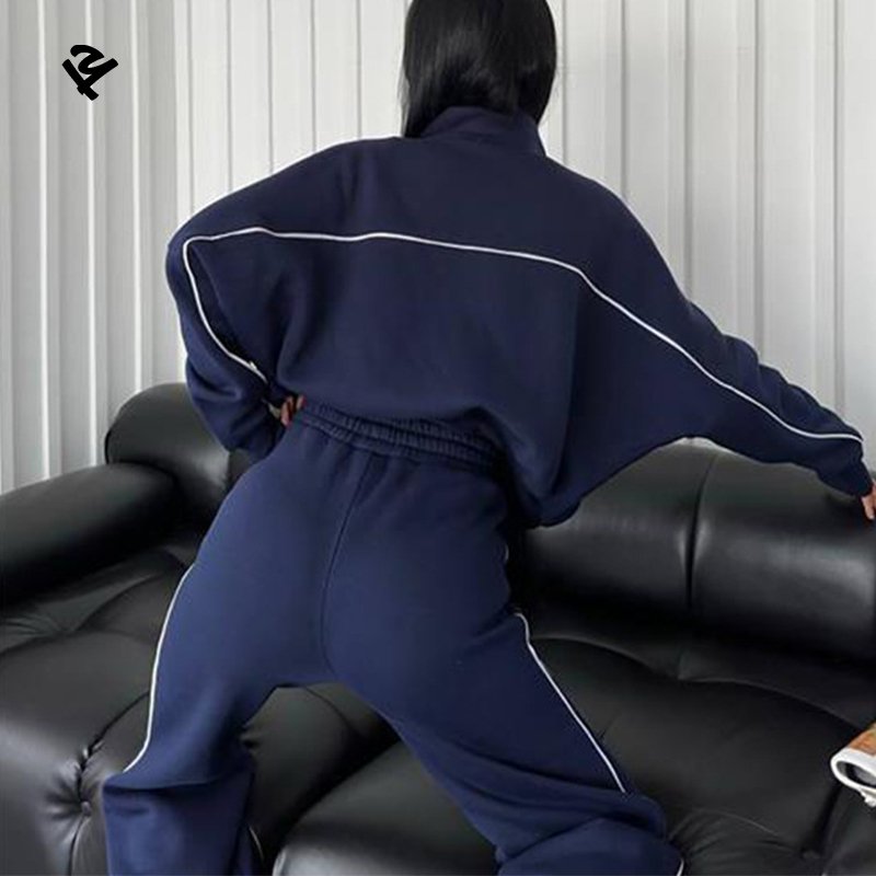 F240409 Custom Women Cropped Zip Up Sweatshirt Pants Two Pieces Set Tracksuit For Women Drop Shoulder Sweatsuit Set With Strip