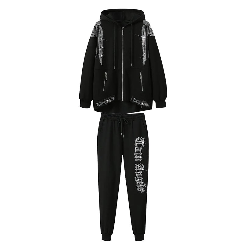 Fashion Adjustable Zipper Custom Long Sleeve Women's Suits Jogger Tracksuit Rhinestone Hoodie Set