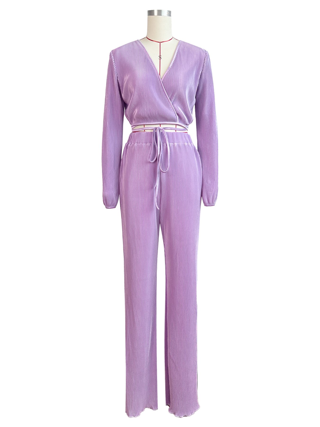 2024 Fall New Women Clothes Set Sexy V Neck Lace Up Long Sleeve Crop Tops + Wide Leg Pant Casual Two Piece Set For Women