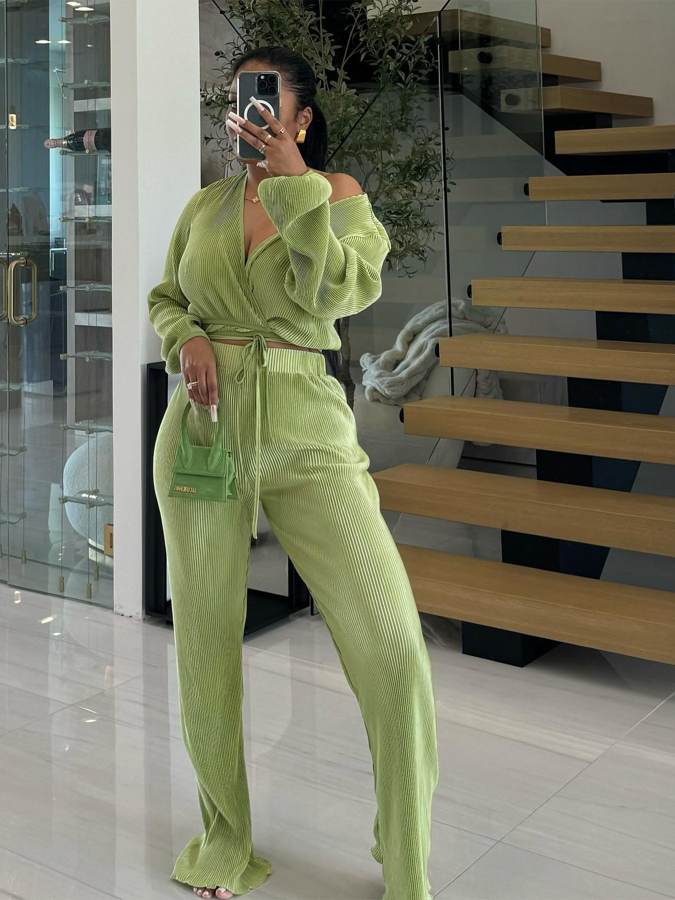 2024 Fall New Women Clothes Set Sexy V Neck Lace Up Long Sleeve Crop Tops + Wide Leg Pant Casual Two Piece Set For Women