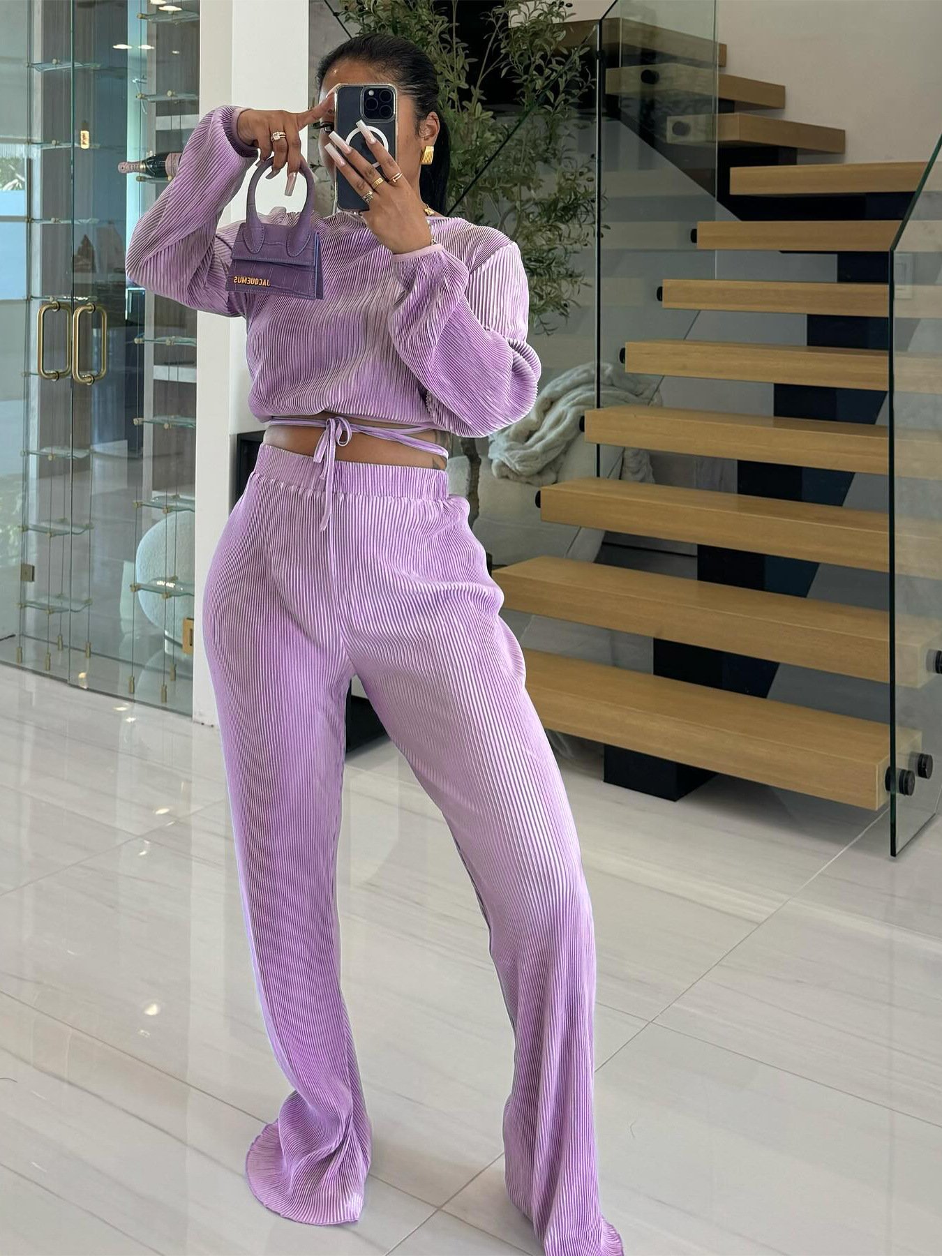 2024 Fall New Women Clothes Set Sexy V Neck Lace Up Long Sleeve Crop Tops + Wide Leg Pant Casual Two Piece Set For Women