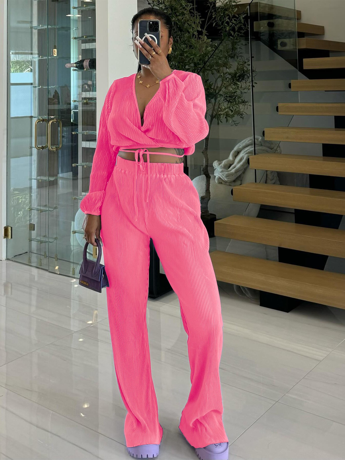 2024 Fall New Women Clothes Set Sexy V Neck Lace Up Long Sleeve Crop Tops + Wide Leg Pant Casual Two Piece Set For Women