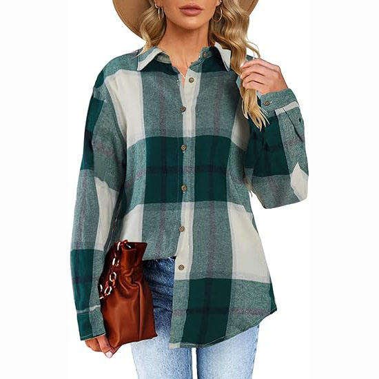 Women's Vintage Plaid Shirts Button-Down Flannel Tops 100% Cotton Poplin Blouse Lace Decoration Available Plus Sizes Front Back