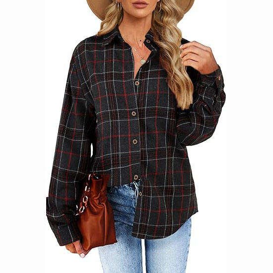 Women's Vintage Plaid Shirts Button-Down Flannel Tops 100% Cotton Poplin Blouse Lace Decoration Available Plus Sizes Front Back