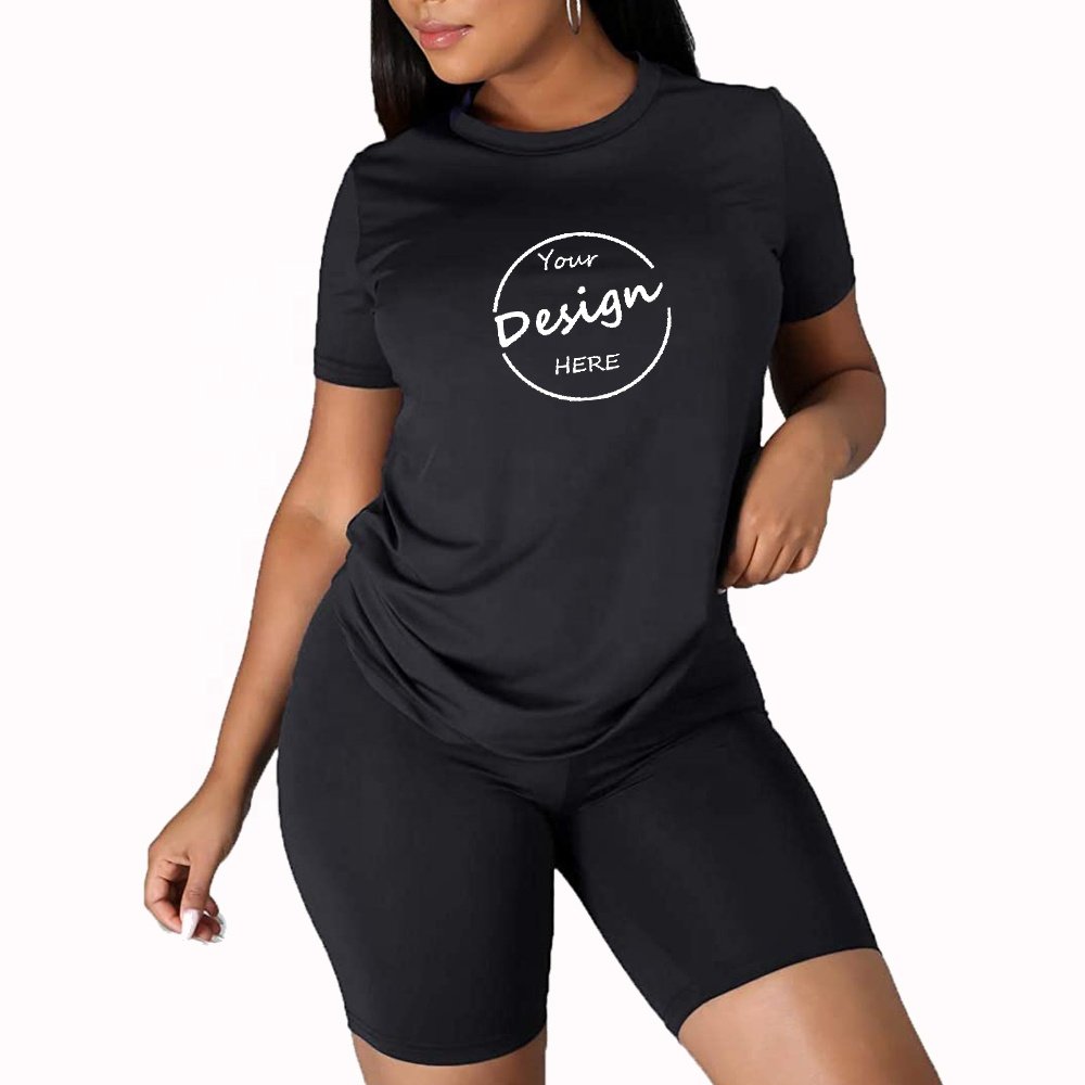 Custom Summer Women's 2 Piece Casual Fashion Sports Solid Color Suit Print Bamboo O Neck Shirt Top And Pants Set two pieces