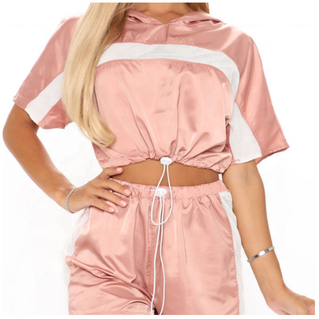 Wholesale summer 2022 Ladies Reflective Polyester Satin Two Piece Women Sweatshirt Hoodie Casual Sports Shorts Sets women's set