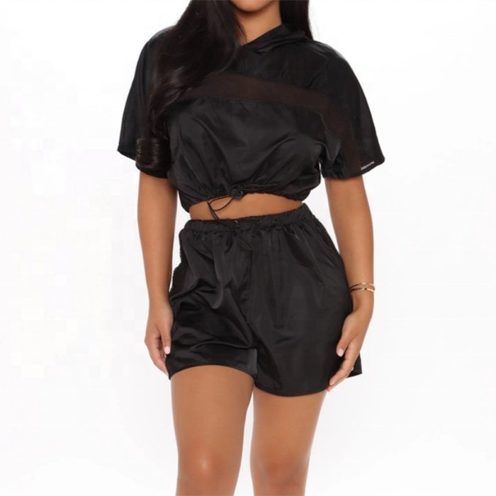 Wholesale summer 2022 Ladies Reflective Polyester Satin Two Piece Women Sweatshirt Hoodie Casual Sports Shorts Sets women's set