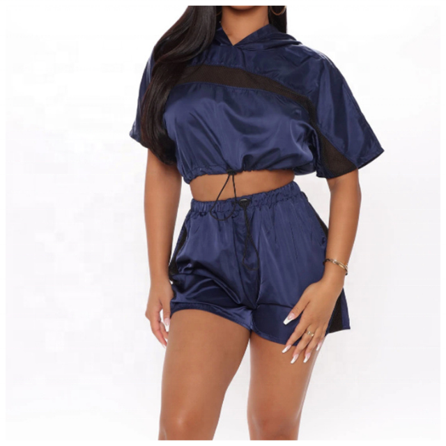 Wholesale summer 2022 Ladies Reflective Polyester Satin Two Piece Women Sweatshirt Hoodie Casual Sports Shorts Sets women's set