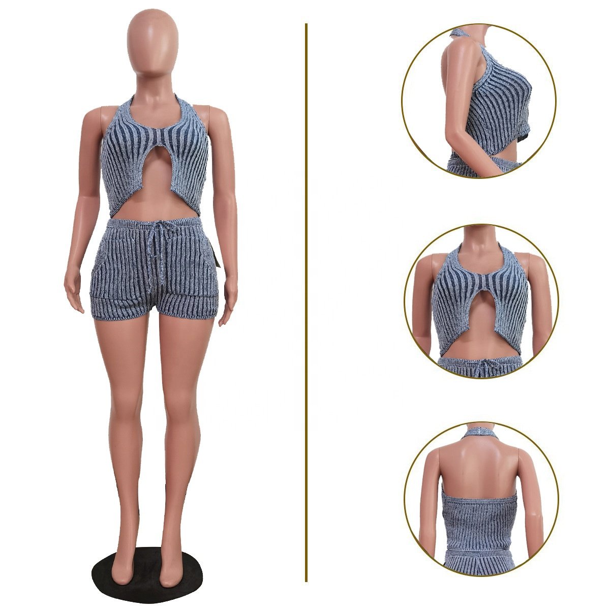 Sexy Streetwear Casual Summer Knit Sweater Hollow Out 2 Piece Sleeveless Crop Top Biker Short Two Piece Short Set Women's Sets