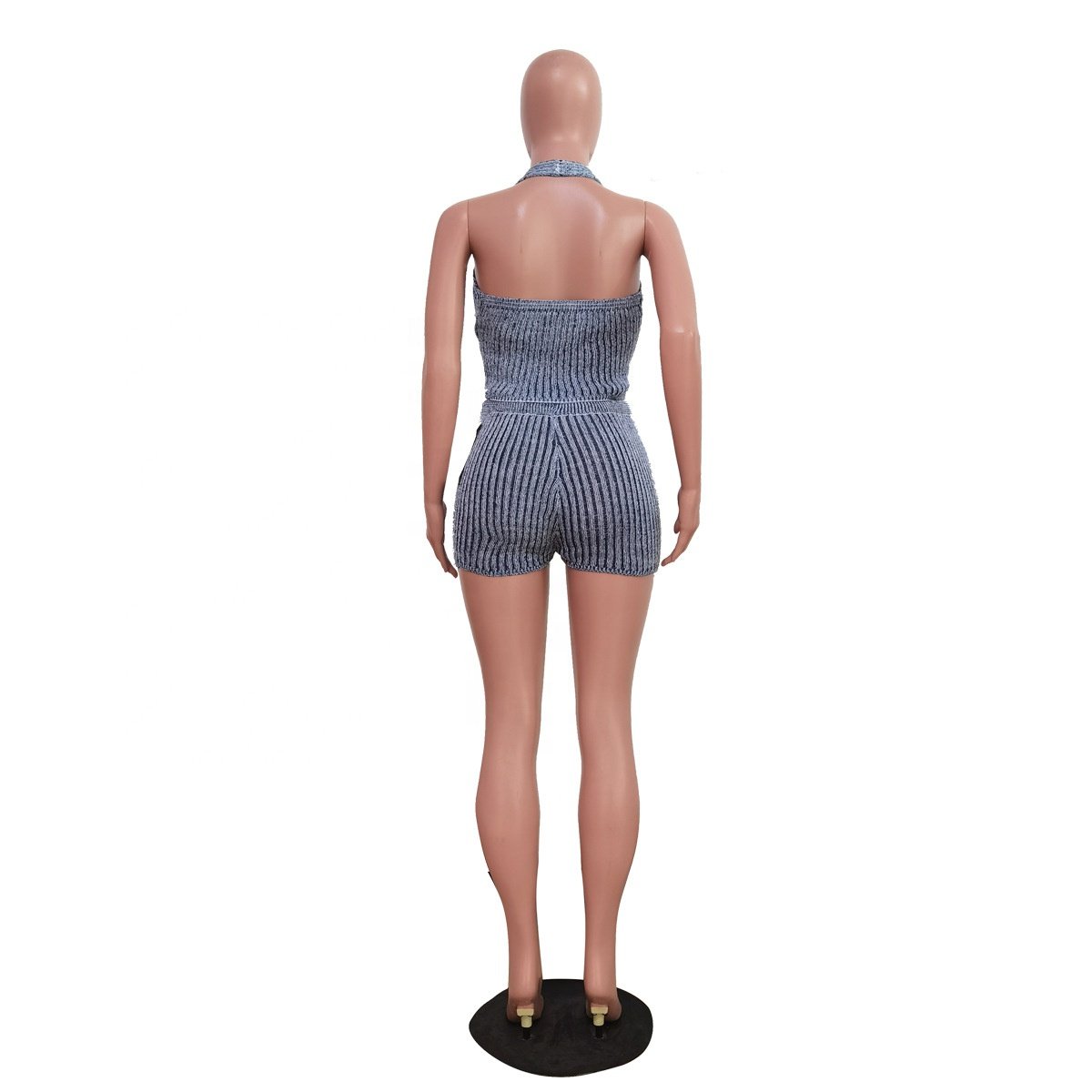 Sexy Streetwear Casual Summer Knit Sweater Hollow Out 2 Piece Sleeveless Crop Top Biker Short Two Piece Short Set Women's Sets