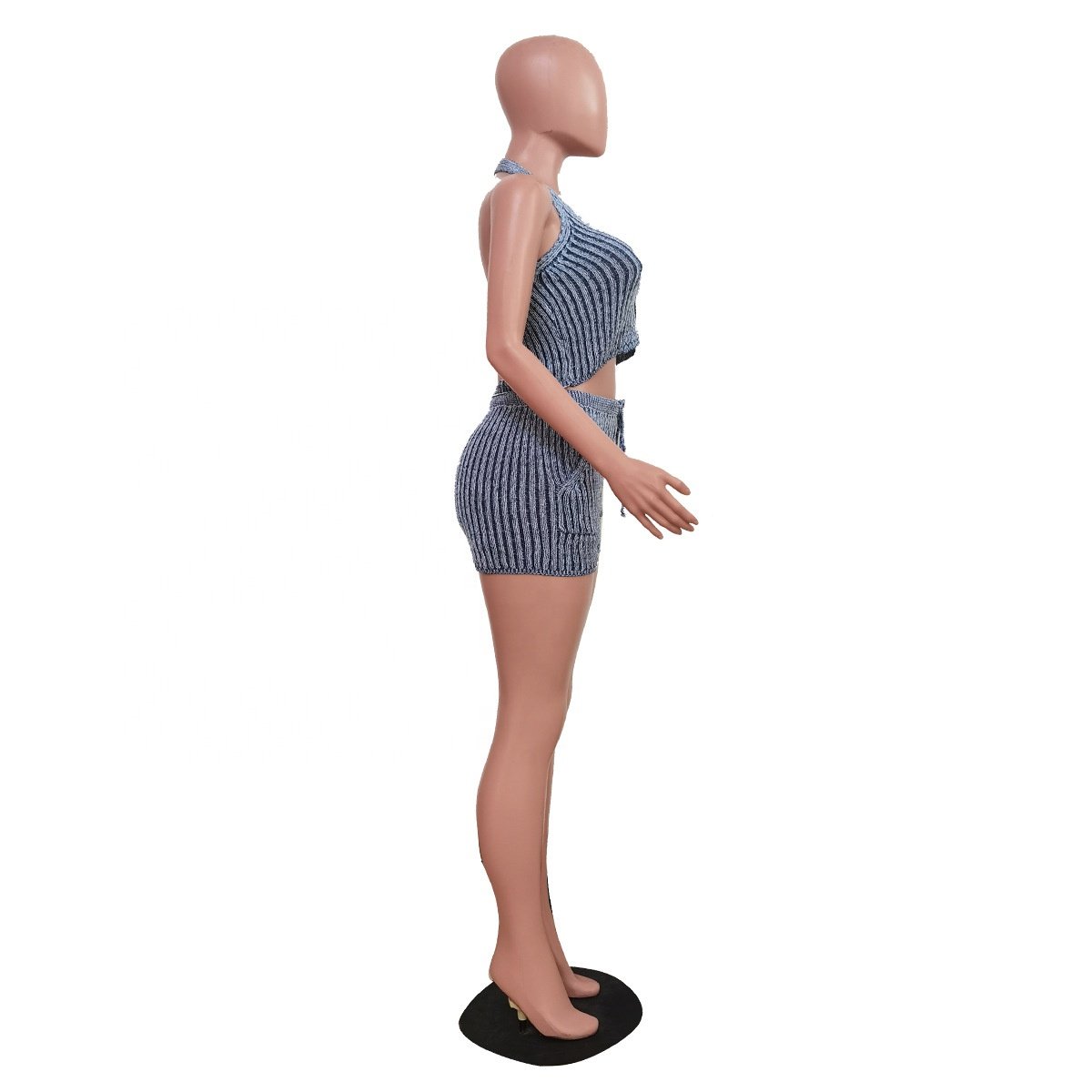 Sexy Streetwear Casual Summer Knit Sweater Hollow Out 2 Piece Sleeveless Crop Top Biker Short Two Piece Short Set Women's Sets