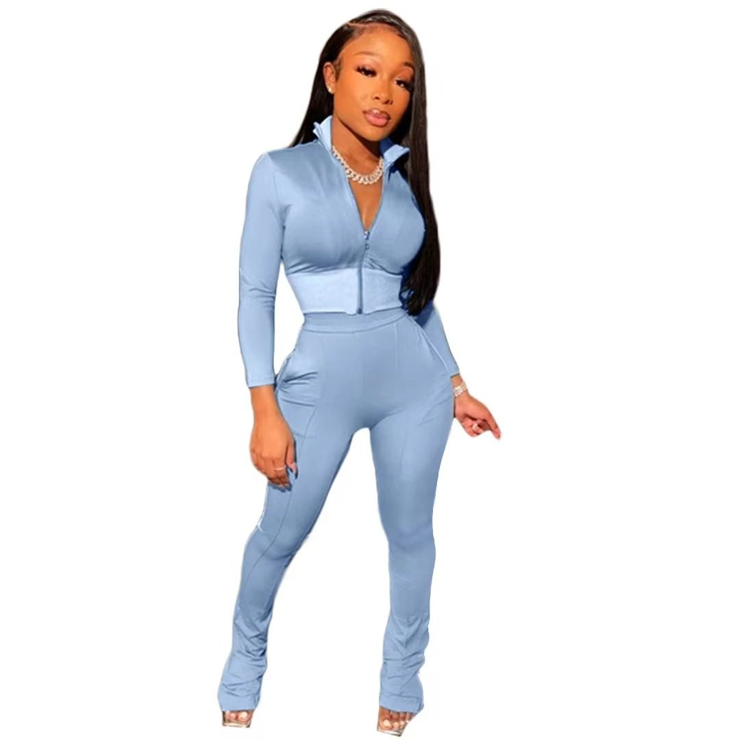 Conyson Latest Fashion Custom Logo Polyester Plus Size With Pockets Stripes Solid Color 2 Piece Outfit Suits Set For Women