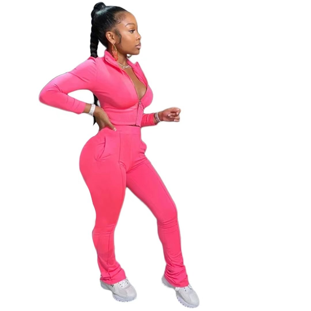 Conyson Latest Fashion Custom Logo Polyester Plus Size With Pockets Stripes Solid Color 2 Piece Outfit Suits Set For Women