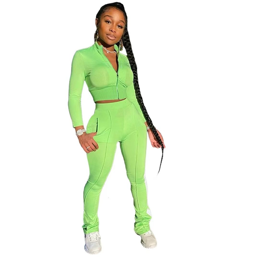 Conyson Latest Fashion Custom Logo Polyester Plus Size With Pockets Stripes Solid Color 2 Piece Outfit Suits Set For Women