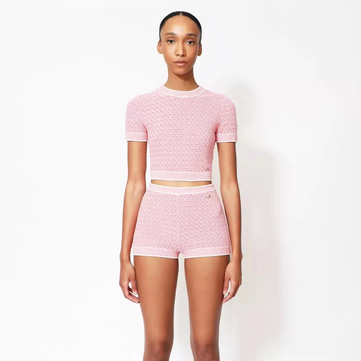 Custom design logo cotton fashion casual summer knitwear knitted suit knit top and short 2 piece set women's sets