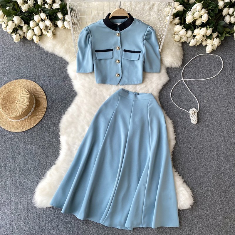 2024 New Design Summer New Chinese Standing Collar Contrast Short Top A-line Pleated Half Skirt Women's Set
