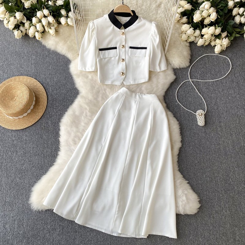 2024 New Design Summer New Chinese Standing Collar Contrast Short Top A-line Pleated Half Skirt Women's Set
