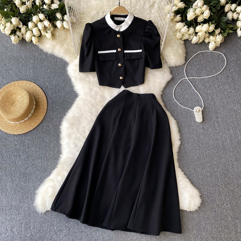 2024 New Design Summer New Chinese Standing Collar Contrast Short Top A-line Pleated Half Skirt Women's Set