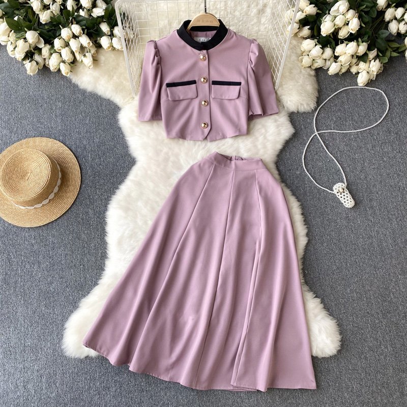 2024 New Design Summer New Chinese Standing Collar Contrast Short Top A-line Pleated Half Skirt Women's Set