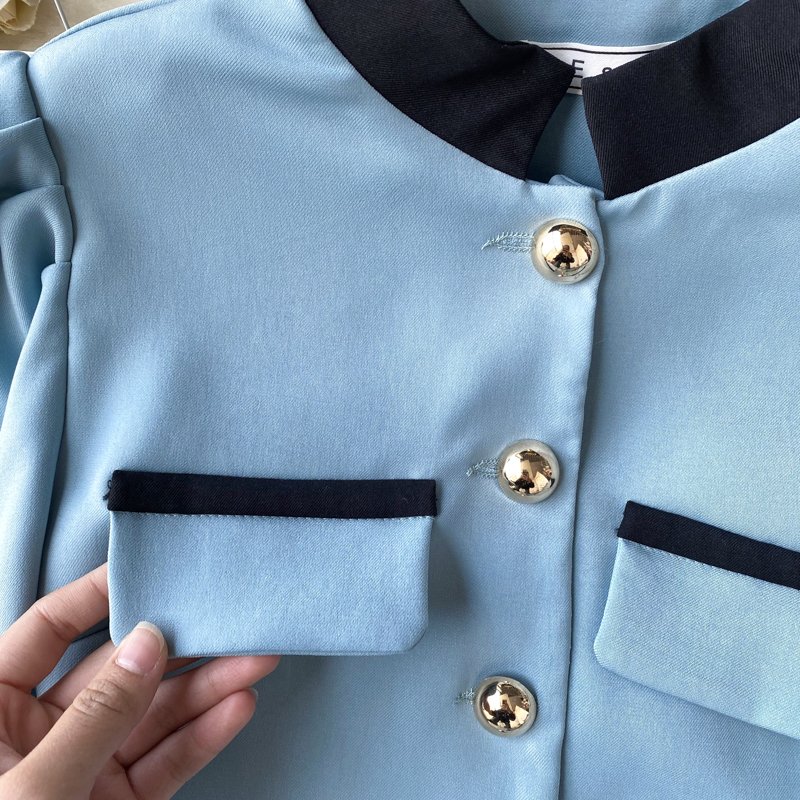 2024 New Design Summer New Chinese Standing Collar Contrast Short Top A-line Pleated Half Skirt Women's Set