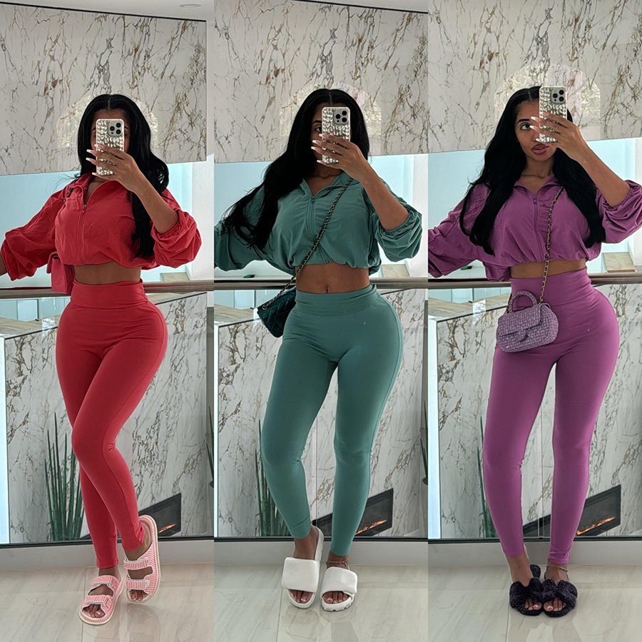 Kliou K24S51552 Fall clothing women's sets casual women zipper two piece sets drawstring pure color tracksuit set