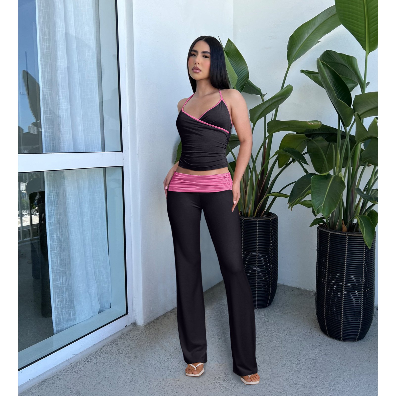2024 Spring New Sports Style Tight and Sexy Small Strap Contrast reverse waist low waisted micro flared pants Set for Women