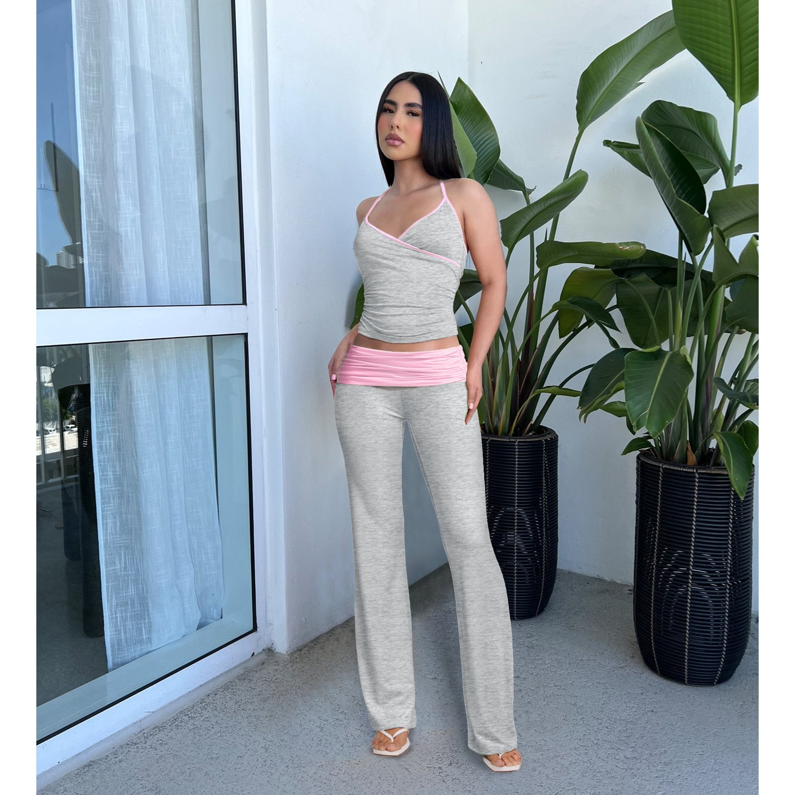 2024 Spring New Sports Style Tight and Sexy Small Strap Contrast reverse waist low waisted micro flared pants Set for Women