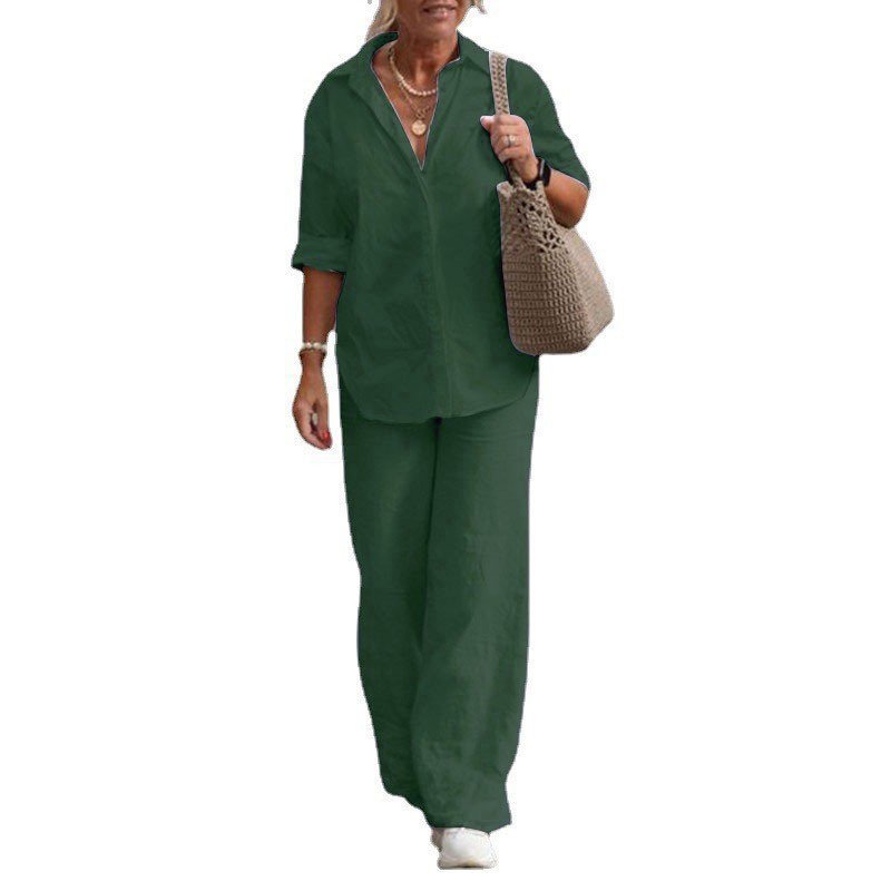 Custom Women's Two-piece Suit Set Lapel Long-sleeved Cotton Poly Shirt Spring Summer Casual Solid Wide-leg Long Pant