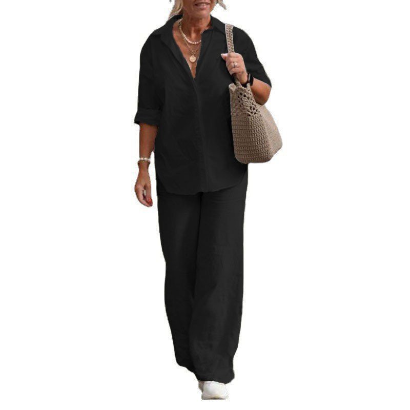 Custom Women's Two-piece Suit Set Lapel Long-sleeved Cotton Poly Shirt Spring Summer Casual Solid Wide-leg Long Pant