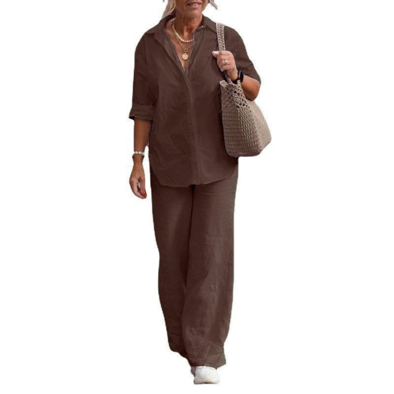 Custom Women's Two-piece Suit Set Lapel Long-sleeved Cotton Poly Shirt Spring Summer Casual Solid Wide-leg Long Pant