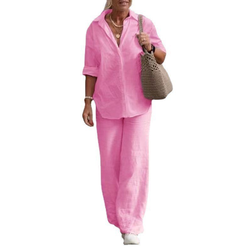 Custom Women's Two-piece Suit Set Lapel Long-sleeved Cotton Poly Shirt Spring Summer Casual Solid Wide-leg Long Pant