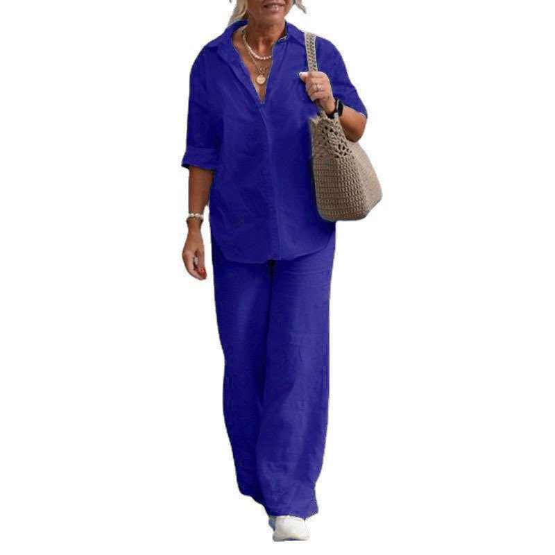 Custom Women's Two-piece Suit Set Lapel Long-sleeved Cotton Poly Shirt Spring Summer Casual Solid Wide-leg Long Pant