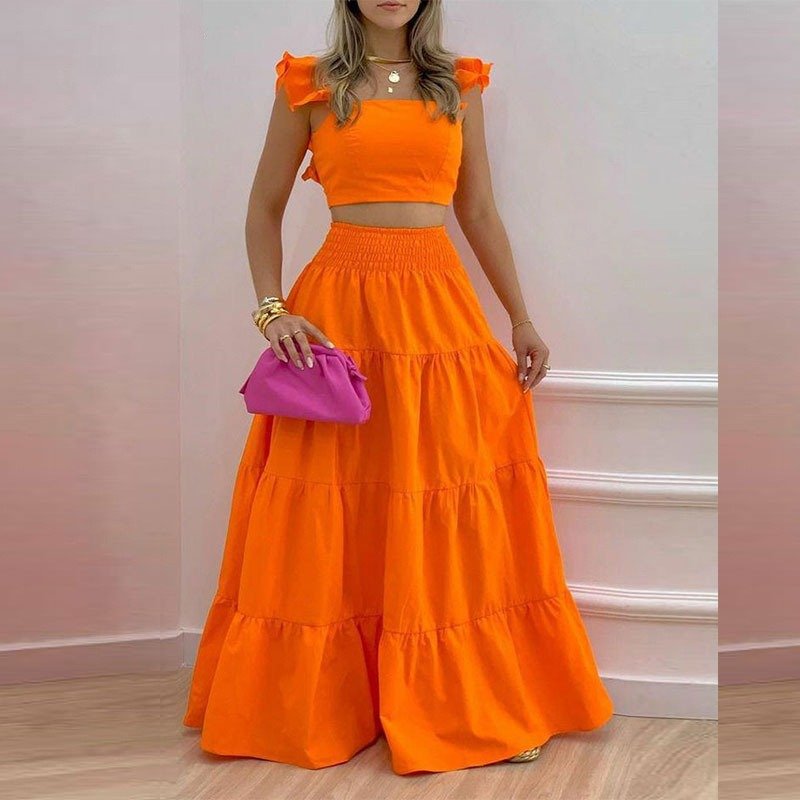 polyester women's sets long dresses solid color sets for women two pieces plus size women's sets summer Sexy lotus halter skirt